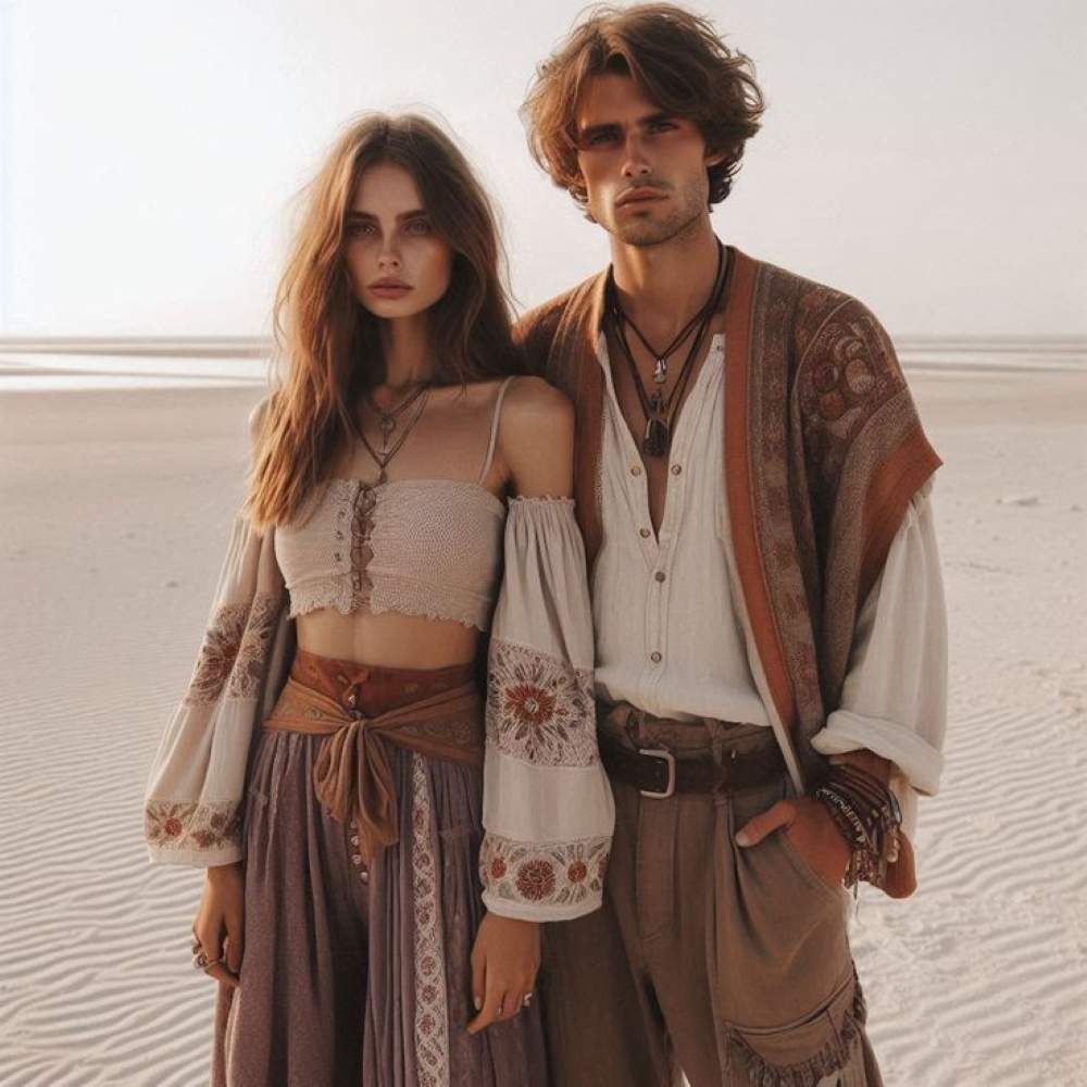 boho couple on the beach in soft romantic outfits